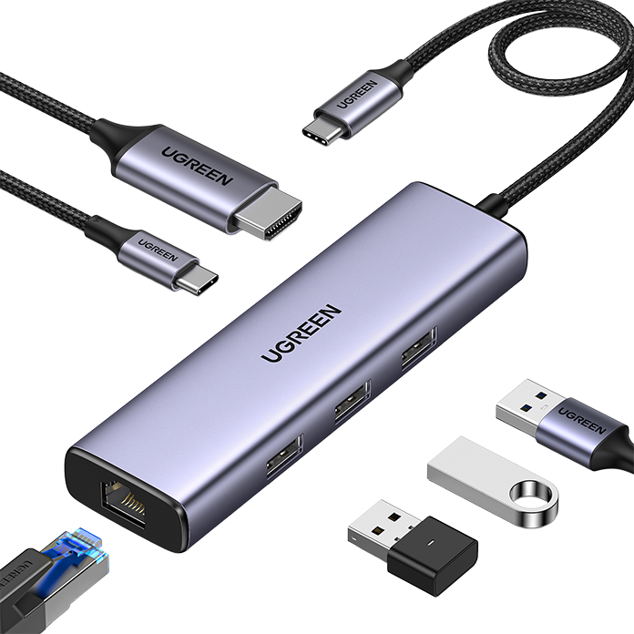  Док-станция UGREEN CM512-15598 USB-C - 3xUSB-A, HDMI, Lan 1Gbit, PD 100W