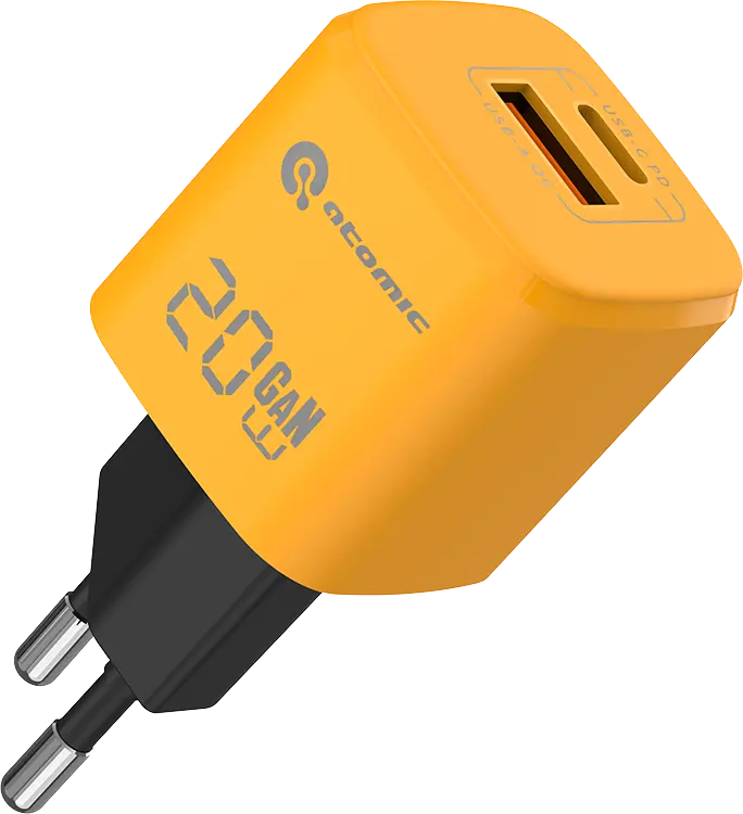 Сетевое зарядное устройство Atomic UniQ G201 GAN 20W (USB Type-C + USB Type-A) + кабель (USB Type-C - USB Type-C) желтый