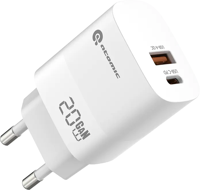 Сетевое зарядное устройство Atomic MOTION G202 GAN 20W (USB Type-C + USB Type-A)  + кабель (USB Type-C - Lightning) белый