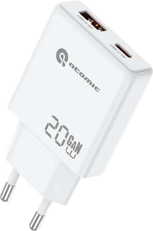 Сетевое зарядное устройство Atomic BLADE G203 GAN 20W (USB Type-C + USB Type-A) белый