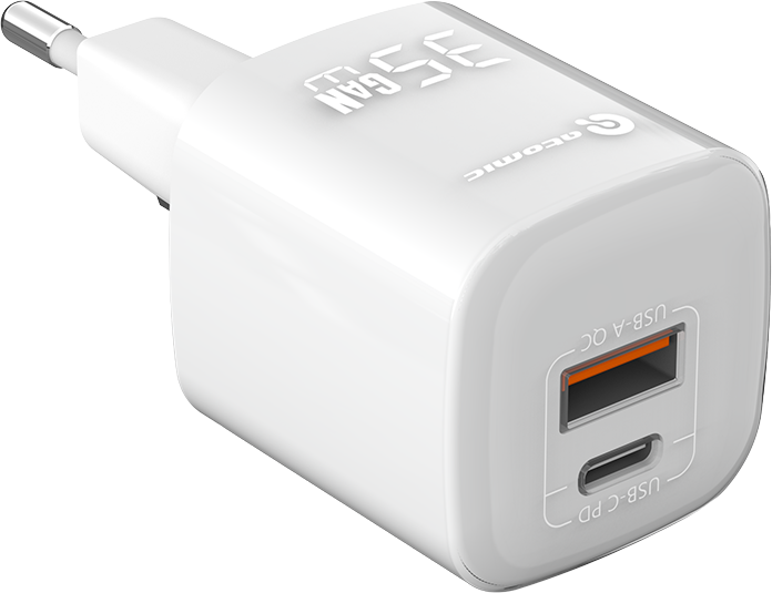 Сетевое зарядное устройство Atomic CRYSTAL G351 GAN 35W 2 порта USB (USB Type-C + USB Type-A) + кабель (USB Type-C + USB Type-C) белый