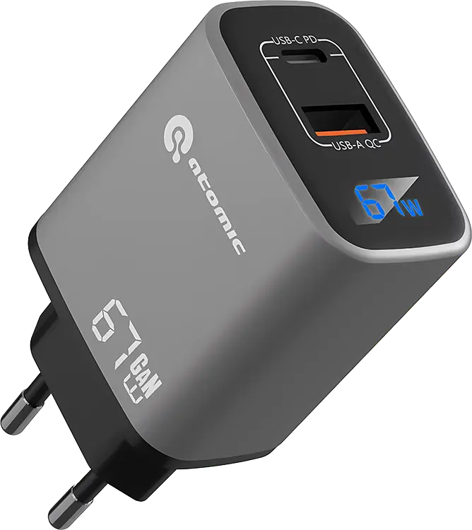 Сетевое зарядное устройство Atomic VOYAGE G671 GAN 67W 2 порта USB (USB Type-C + USB Type-A), LED темно-серый